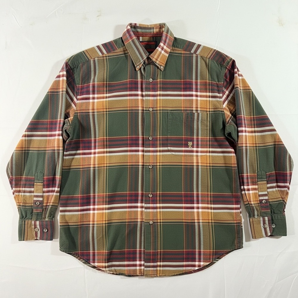 Wrangler Twenty X Plaid Button Down Shirt Mens M Green Orange Twill Western Logo